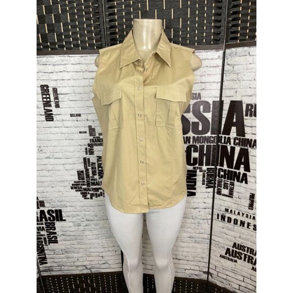Old Navy L Stretch Beige Snap Down Front Collar Pockets Sleeveless Shirt - Picture 1 of 6
